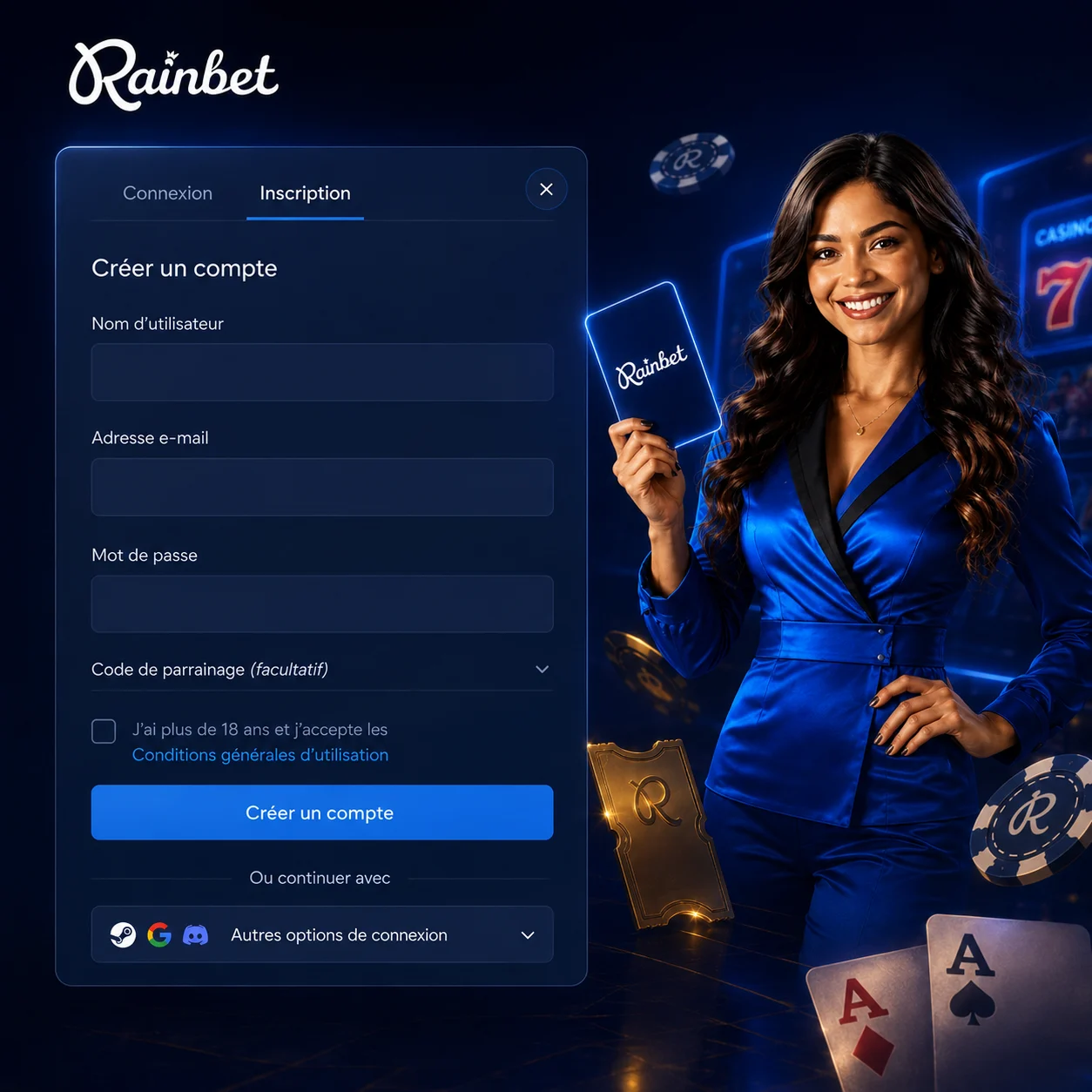 Formulaire de création de compte Rainbet avec e-mail, sécurité et profil joueur