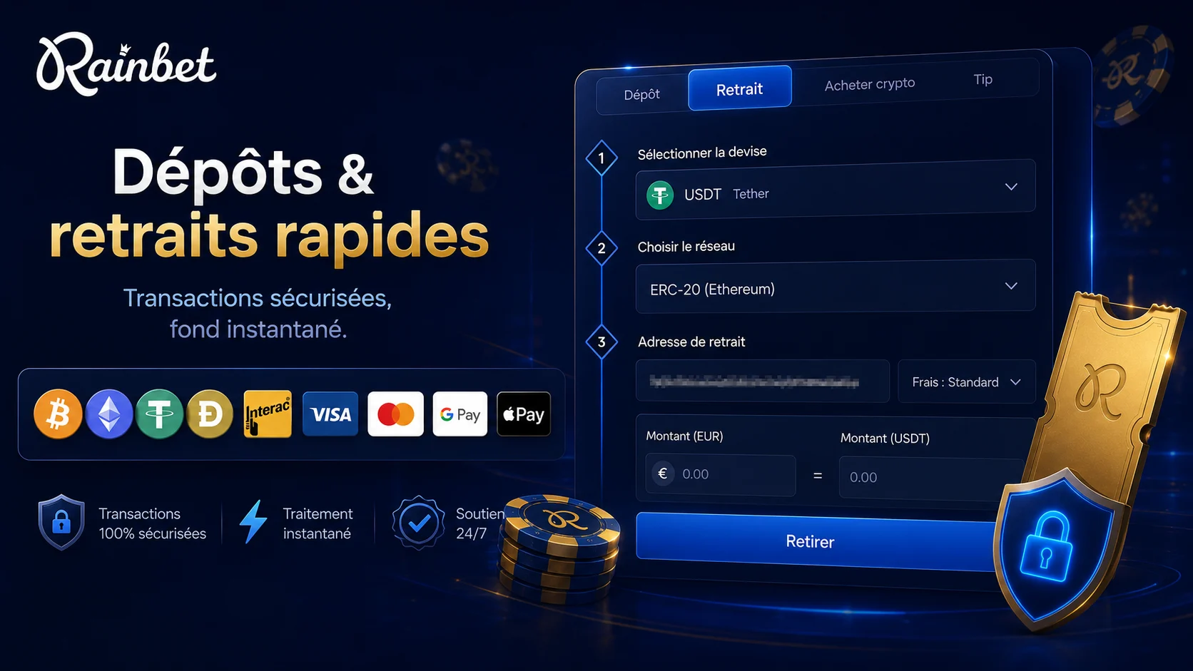 Méthodes de paiement Rainbet avec cryptos, carte et contrôles de réseau