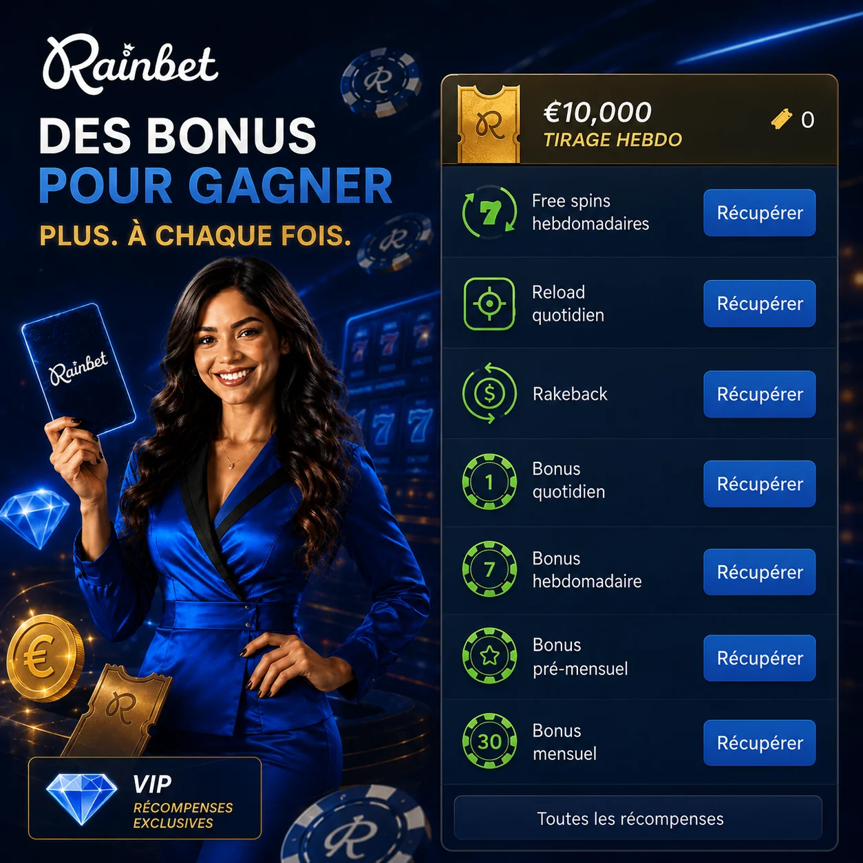Rainbet rewards, rakeback, bonus quotidiens et races à vérifier dans le compte
