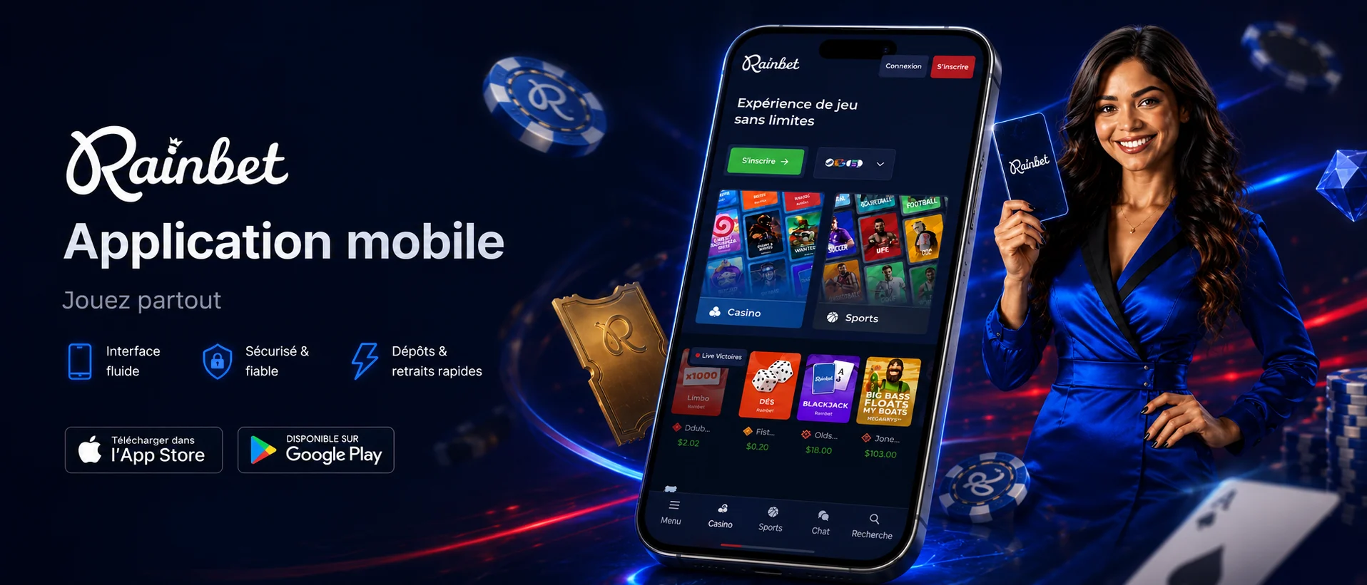 Écran mobile Rainbet Casino avec lobby, cashier et accès compte